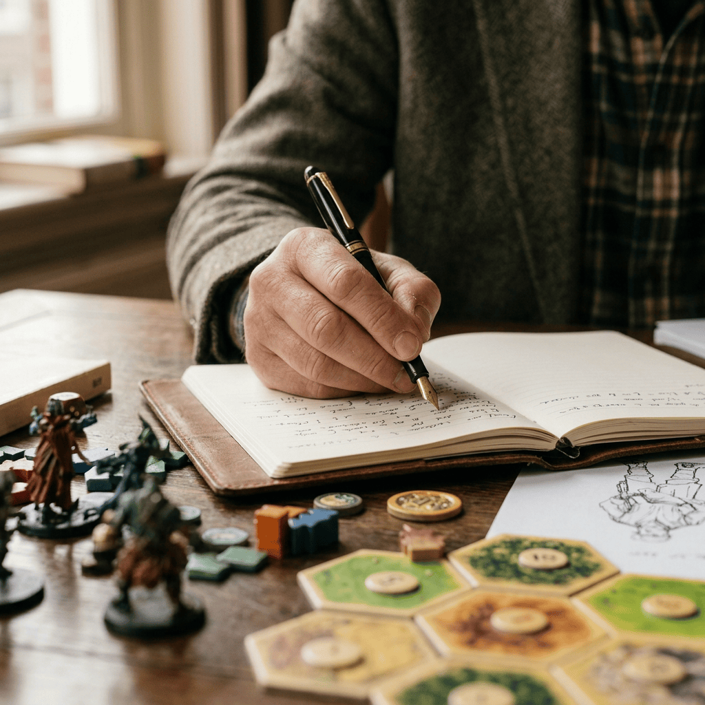 Person writing game ideas at a table surrounded by board-game components