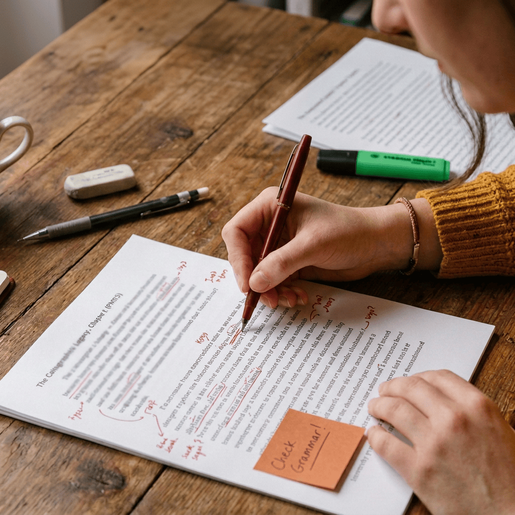 Person proofreading printed pages at a wooden desk beside books and tea