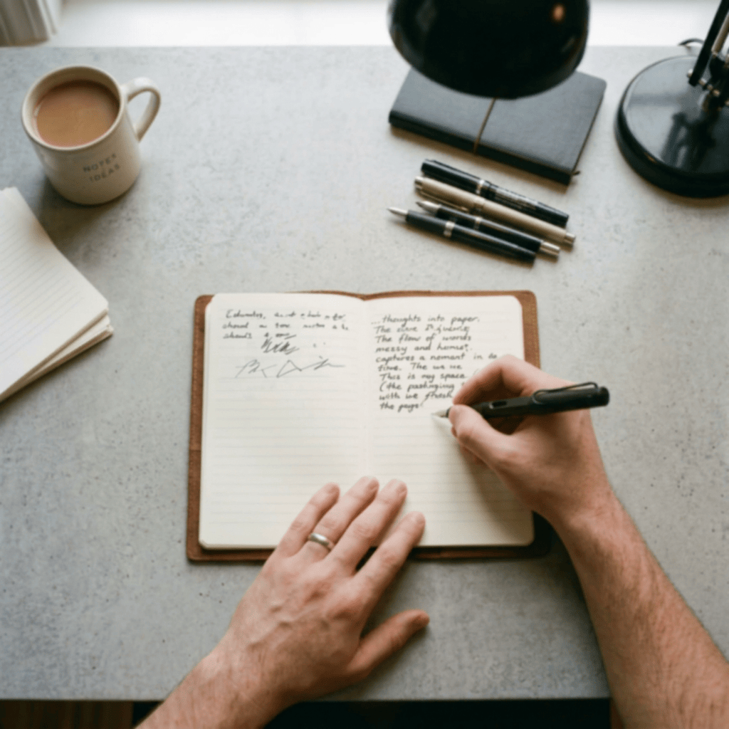 Person writing in a notebook beside coffee and books